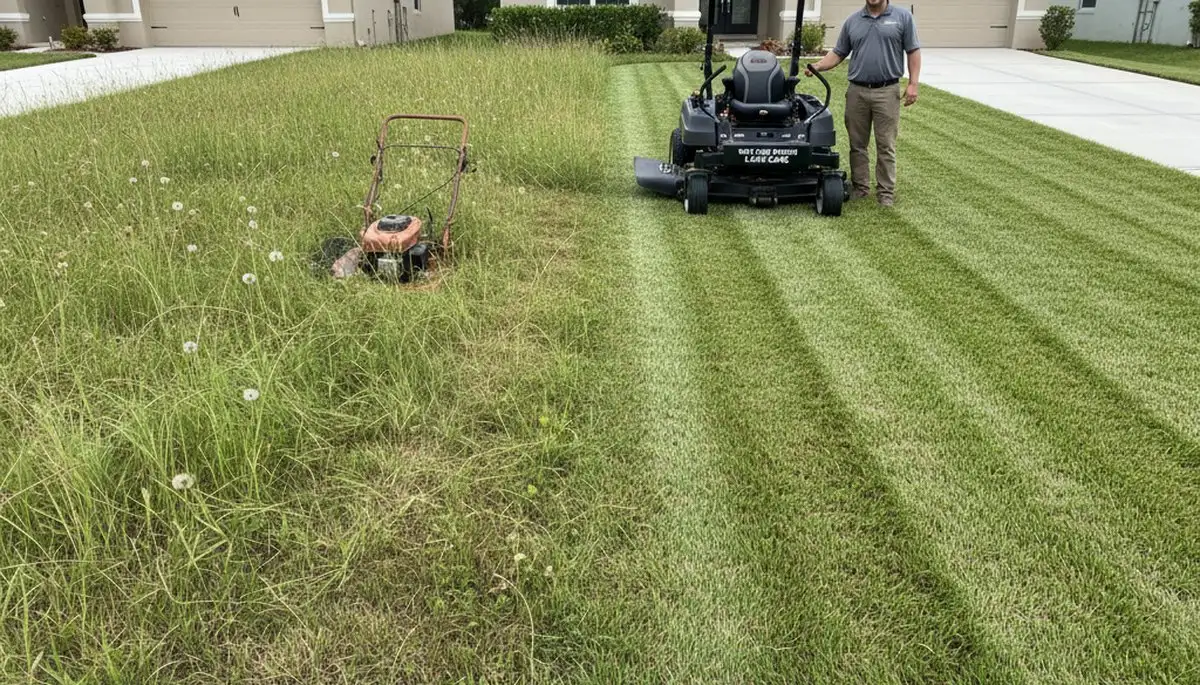 Before and after lawn mowing showing yard transformation by Chop Chop Landscaping in New Port Richey FL