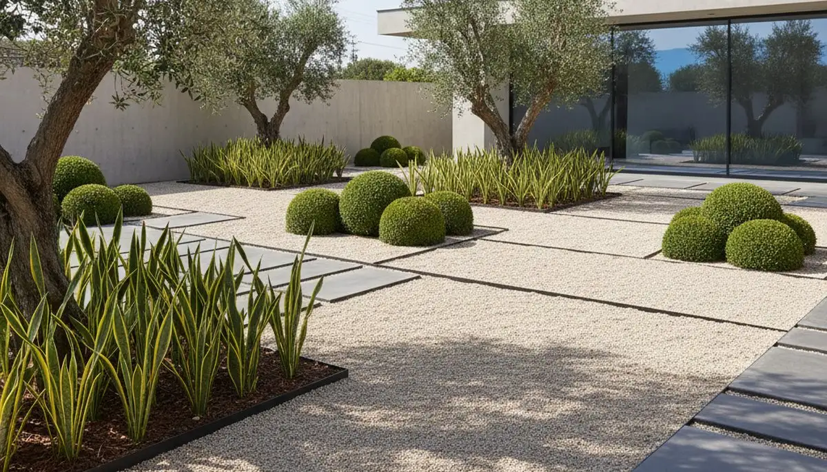 Modern pea gravel landscape with geometric design in New Port Richey, FL by Chop Chop Landscaping