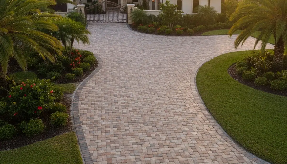 Curved paver driveway installation by professional landscapers in New Port Richey, FL