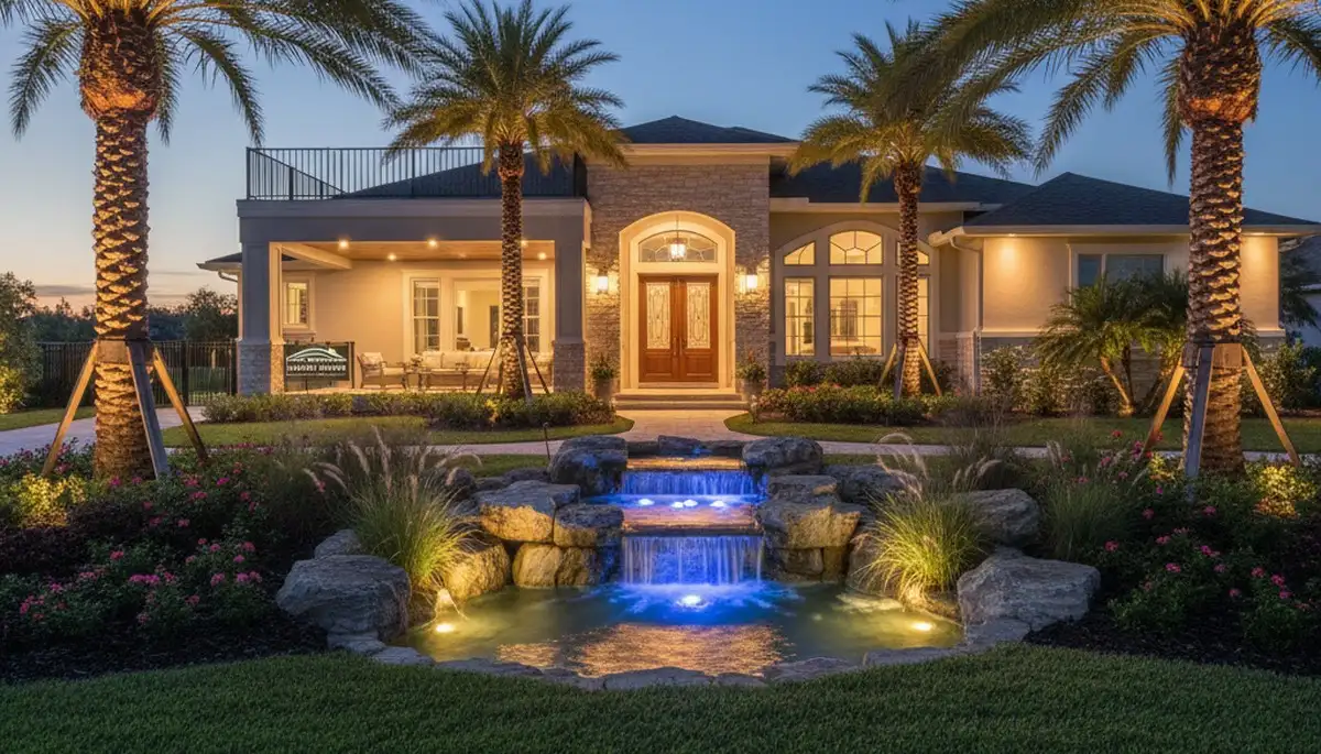 Evening landscape lighting highlighting water features and architecture in New Port Richey, FL yard