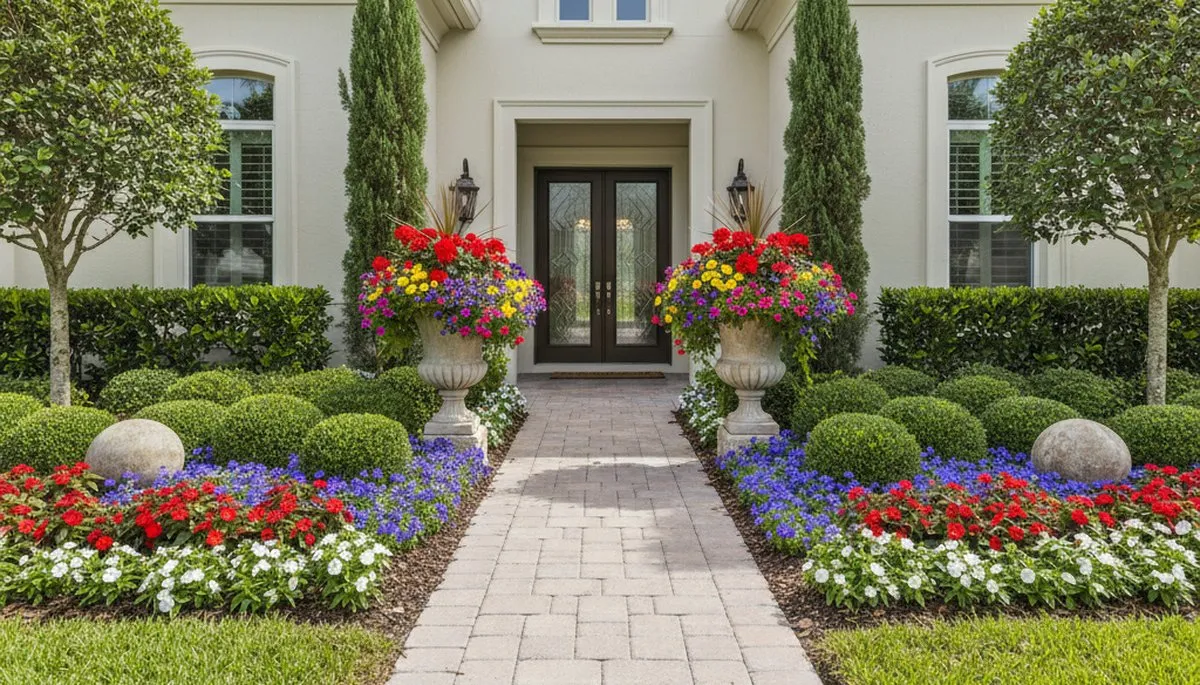 Front yard landscape design with colorful plants and shaped shrubs in New Port Richey, FL