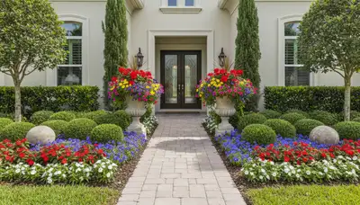 Front yard landscape design with colorful plants and shaped shrubs in New Port Richey, FL