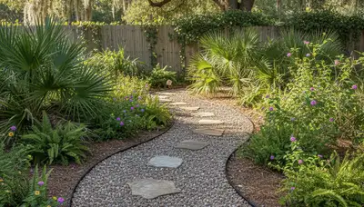 Pea gravel garden path with natural landscaping in New Port Richey FL by Chop Chop Landscaping