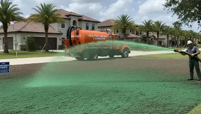 Hydroseeder truck spraying green slurry for new lawn in New Port Richey, FL by Chop Chop Landscaping