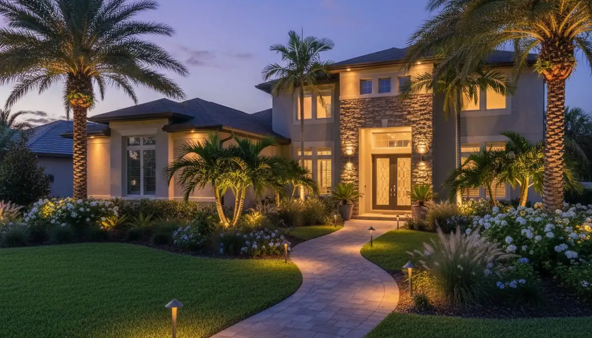 Landscape lighting at dusk highlighting walkways and gardens by Chop Chop Landscaping in New Port Richey, FL