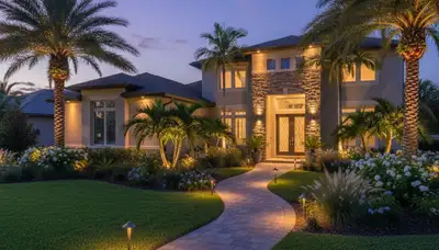 Landscape lighting at dusk highlighting walkways and gardens by Chop Chop Landscaping in New Port Richey, FL