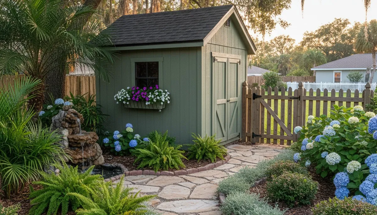 Landscaped shed with garden pathways and soft plantings by Chop Chop Landscaping in New Port Richey FL