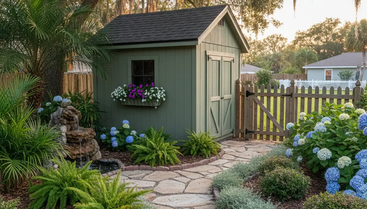 Landscaped shed with garden pathways and soft plantings by Chop Chop Landscaping in New Port Richey FL