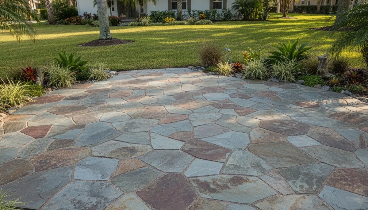Modern large format stone patio installation by Chop Chop Landscaping in New Port Richey, FL