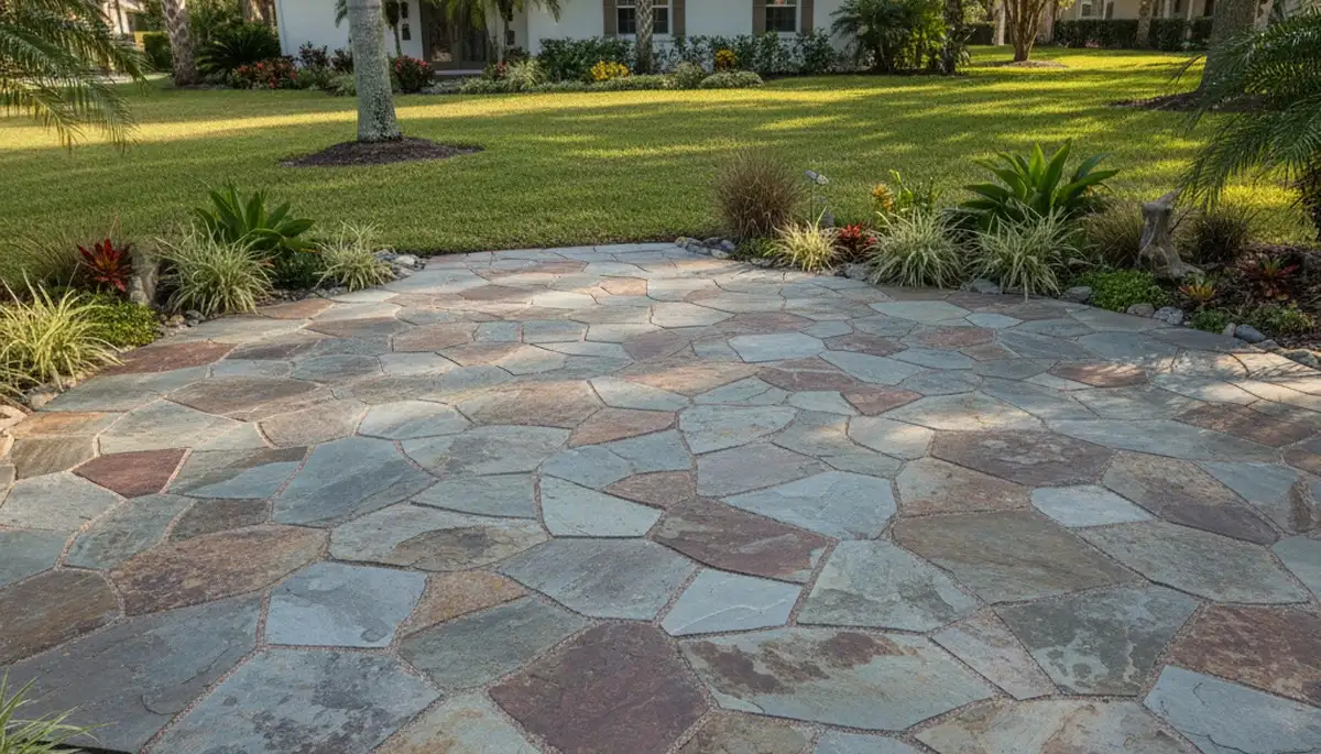 Modern large format stone patio installation by Chop Chop Landscaping in New Port Richey, FL