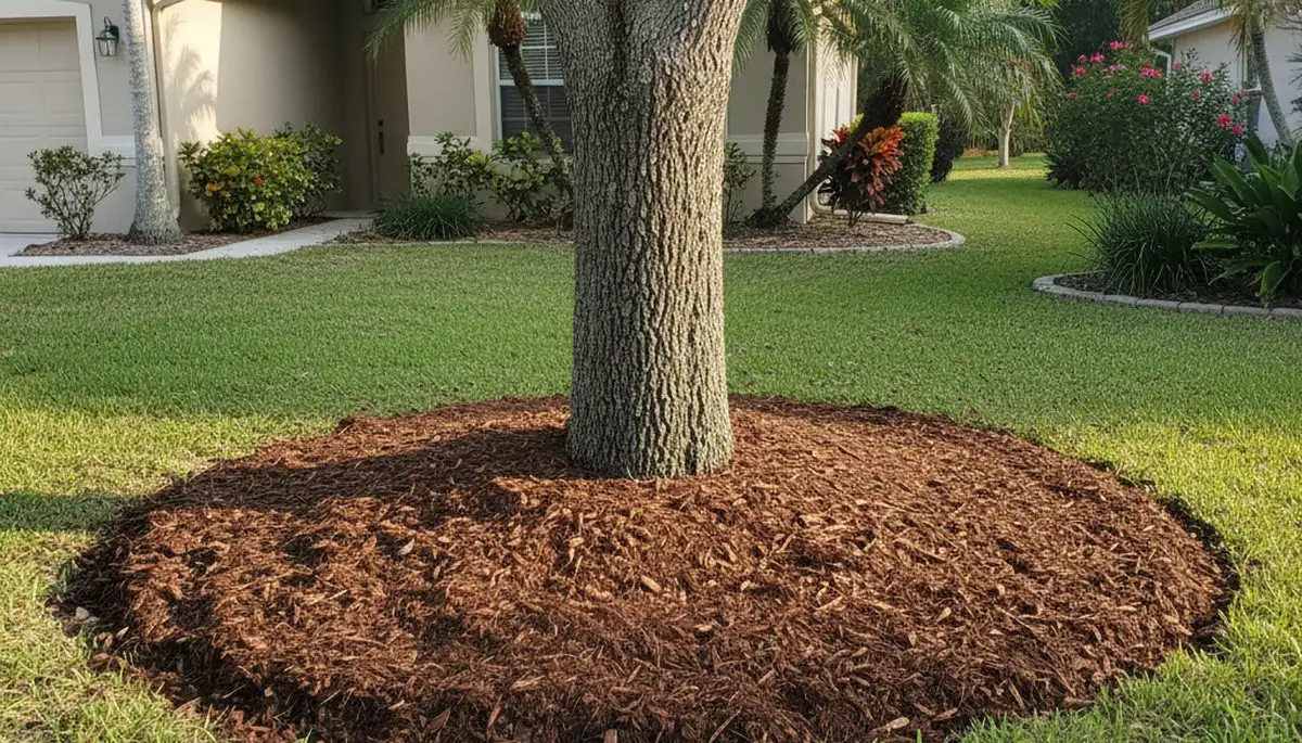 Professional circular tree mulch installation in New Port Richey FL by Chop Chop Landscaping