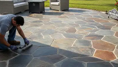 Natural flagstone patio with slate pavers installed by Chop Chop Landscaping in New Port Richey, FL