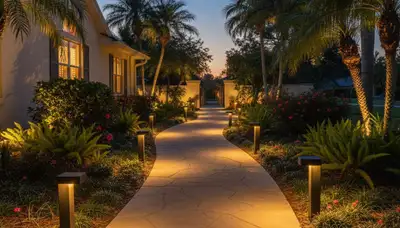 Evening walkway with warm path lights by Chop Chop Landscaping in New Port Richey, FL