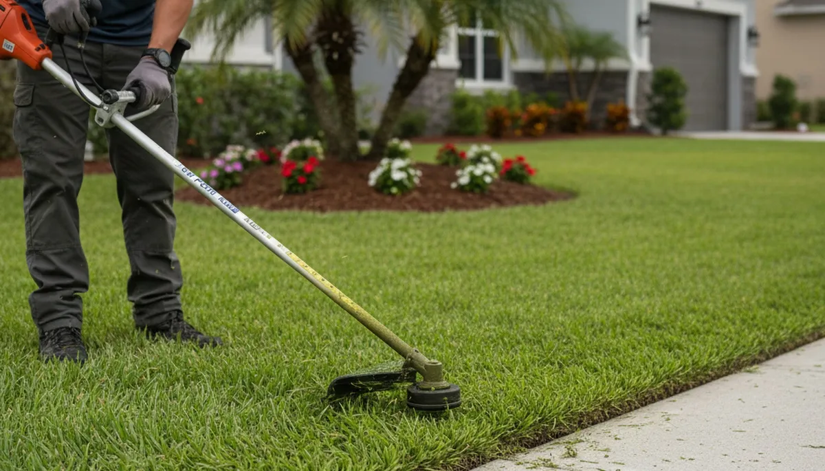 Technician edging lawn borders with string trimmer in New Port Richey, FL for professional lawn maintenance
