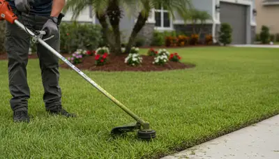 Technician edging lawn borders with string trimmer in New Port Richey, FL for professional lawn maintenance