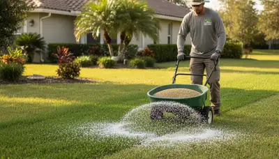 Lawn care technician fertilizing residential lawn with spreader in New Port Richey, FL landscaping service