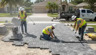 Technicians installing driveway pavers in New Port Richey, FL during professional landscaping project