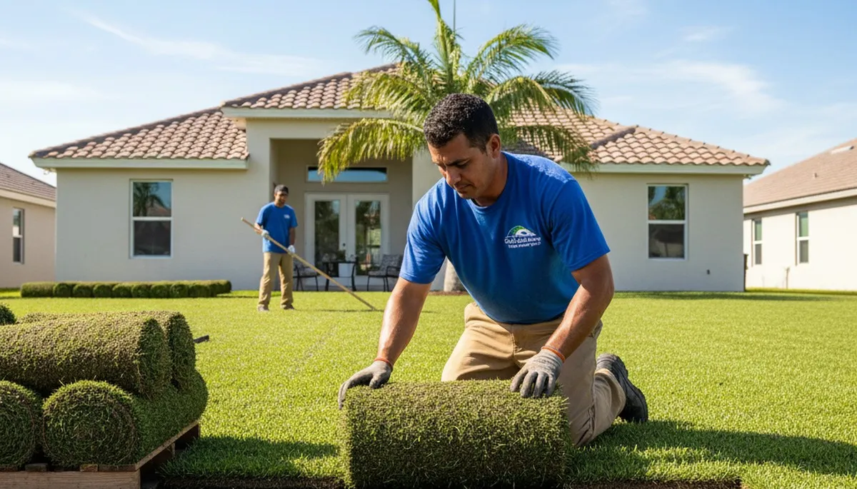 Technician installing sod rolls with precision in New Port Richey, FL lawn by Chop Chop Landscaping