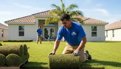 Technician installing sod rolls with precision in New Port Richey, FL lawn by Chop Chop Landscaping