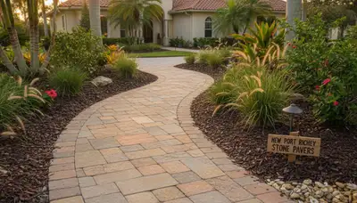 Curved stone paver pathway by Chop Chop Landscaping in New Port Richey, FL showcasing expert installation