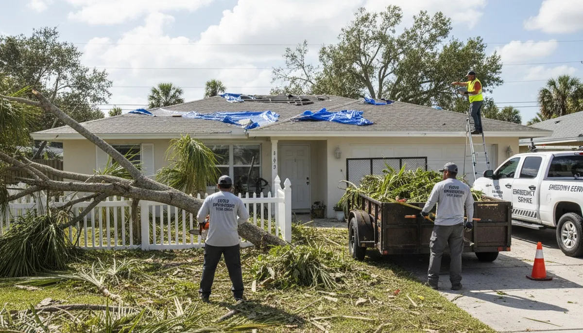 Storm damage cleanup and debris removal by landscaping crew in New Port Richey, FL yard
