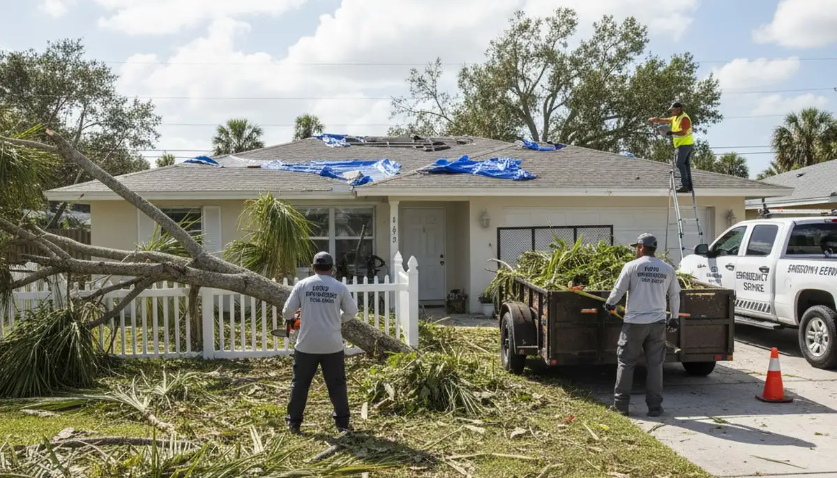 Storm damage cleanup and debris removal by landscaping crew in New Port Richey, FL yard