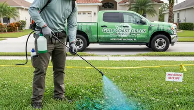 Technician applying targeted weed control on residential lawn in New Port Richey, FL