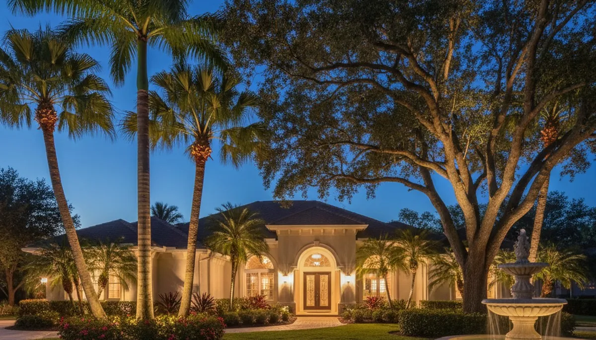 Tree uplighting design highlighting mature trees at night in New Port Richey, FL by Chop Chop Landscaping