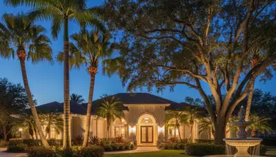 Tree uplighting design highlighting mature trees at night in New Port Richey, FL by Chop Chop Landscaping